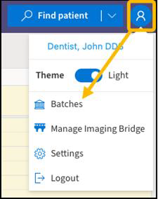 Patient profile icon with yellow highlight box around it and a yellow arrow pointing downwards to Batches.